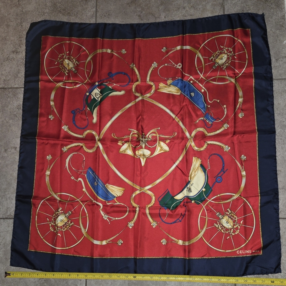 Celine Red and Navy Silk Scarf Aprox 33"x33"